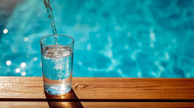 Pouring clear drinking water into a glass on a wooden poolside deck with bright blue swimming pool background