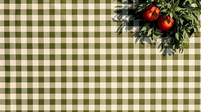 Green and white gingham picnic tablecloth background with apples and leafy sprigs in the top right corner