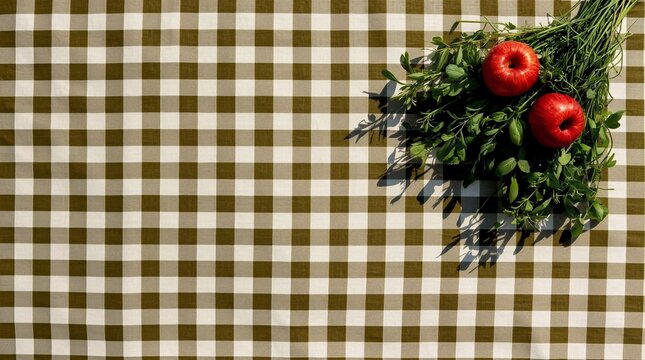 Brown and white gingham checkered tablecloth background with red apples and fresh green herbs in the top right corner