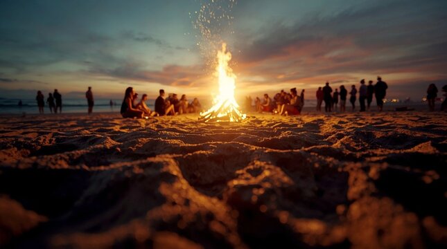 Crowd gathered around a blazing beach bonfire at sunset with silhouettes on the shoreline