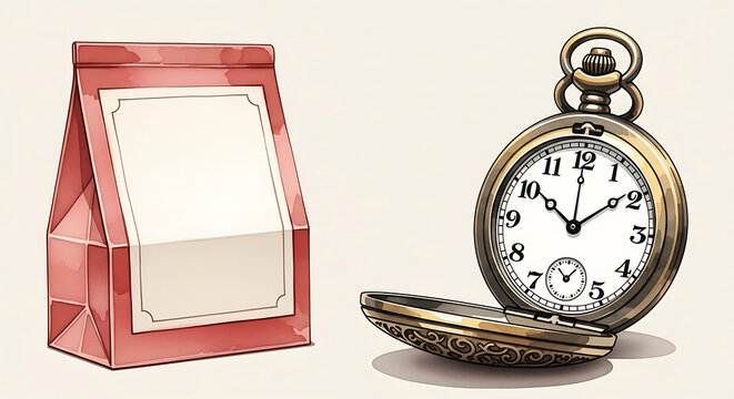 Watercolor of a red paper bag and an open gold pocket watch