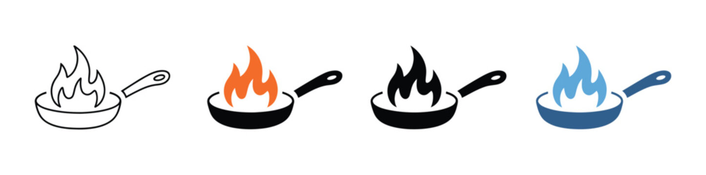 Cooking pan icons showcasing fire flames in clean linear and solid vector designs, suitable for culinary branding, hospitality businesses, and food applications.
