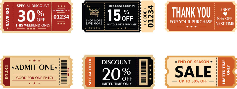 Vintage Discount Coupon Ticket Bundle Vector Set Sale Voucher, Promo Coupon, Admit One Ticket, Thank You Purchase Card Collection