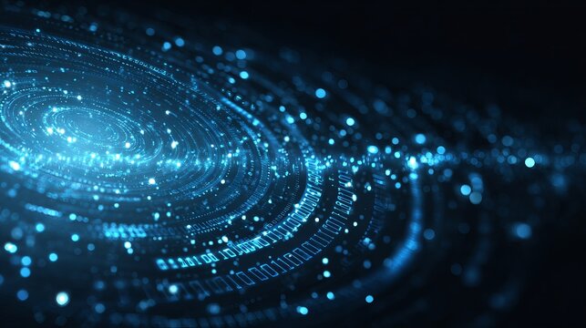 Abstract vector technology background with big data visualization, flowing information stream, circular data array, and binary code elements.