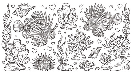 Underwater coral reef scene with lionfish and shells. © Amir