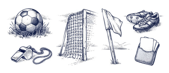 Soccer ball goal football gear vintage hand drawn engraving set containing a referee whistle, cleats, corner flag, and penalty cards for retro athletic theme designs and sports tournament graphic art. © Dinali