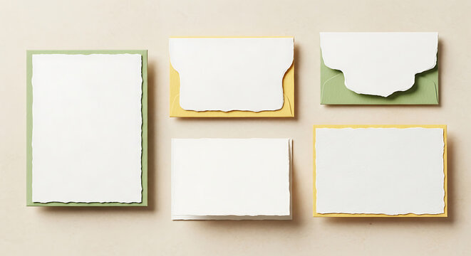 Blank invitation cards with deckled edges and colored envelopes