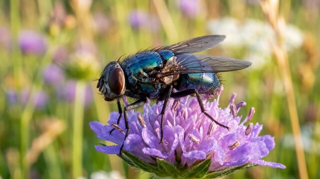 Blowfly in a flower close up at morning ligh