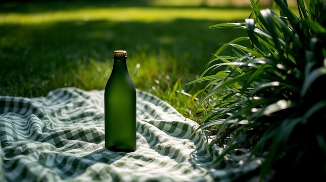 Chilled green glass bottle of mineral water on a checkered picnic blanket in sunlit garden grass