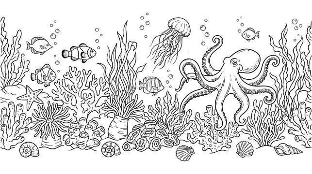 Underwater ocean life with seaweed and sea animals.