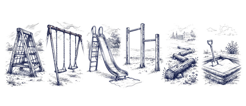 Playground equipment sketch set featuring classic park swing slide and sandbox elements in vintage hand drawn engraving style illustration for retro outdoor recreation childhood activities concept.