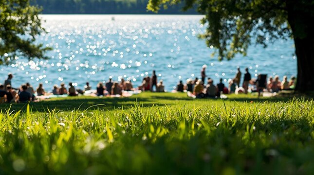 Sunny lakeside park with people relaxing on the grassy shore and sparkling blue water in the background