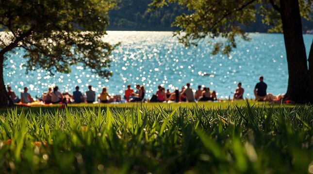 People relaxing on a sunny lakeside lawn under trees with sparkling blue water in the background
