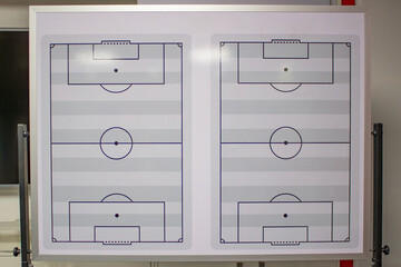 Whiteboard displaying two soccer pitch diagrams with markings and goals, providing a versatile tool for coaches developing tactical game plans and player formations © GABRIEL