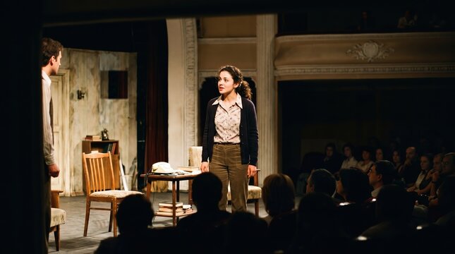 Woman Performing Solo Theater Monologue on Dark Stage with Audience