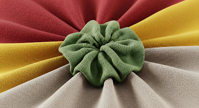 Green suede scrunchie on multicolored fabric background, red, yellow, and beige