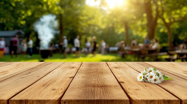 Sunlit outdoor picnic table with daisies in the foreground and a blurred garden party gathering in a green park background