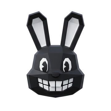 Stylized black low poly rabbit head with white eyes and teeth