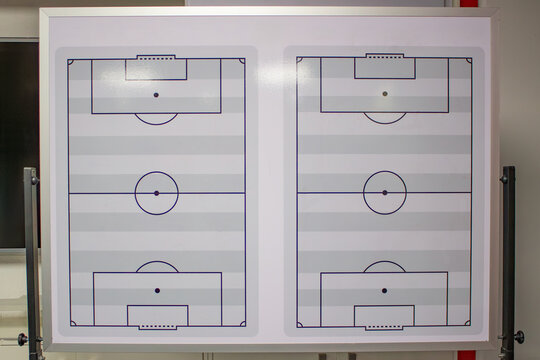 Whiteboard displaying two soccer pitch diagrams with markings and goals, providing a versatile tool for coaches developing tactical game plans and player formations