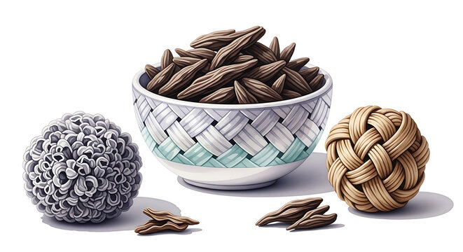 Oud wood chips in a woven pattern bowl with decorative spheres