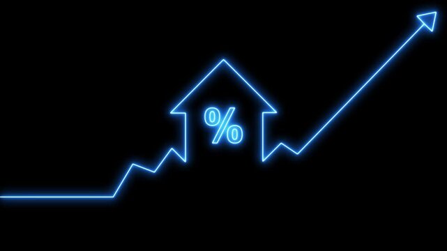 Home icon house sign neon lights animation with up success arrow persentage increase. Neon House, home building animation. Neon home button icon animation.4k animation motion video.