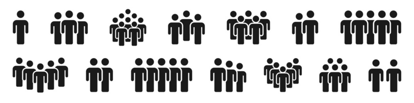 People group icons set. Team, crowd, human figures, silhouette, network, population symbol on white background - stock vector.