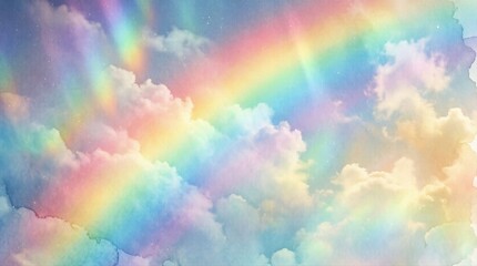 Fototapeta premium Rainbow arching over pastel clouds across bright sky backdrop