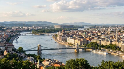 Fototapeta premium Aerial View of River Dividing Urban Landscape with Historic Bridges and Modern Cityscape