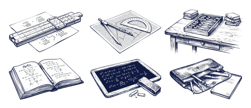 Mathematics education vintage sketch icons set featuring slide rule abacus compass chalkboard and algebra textbook for school science geometry history design elements isolated on white background