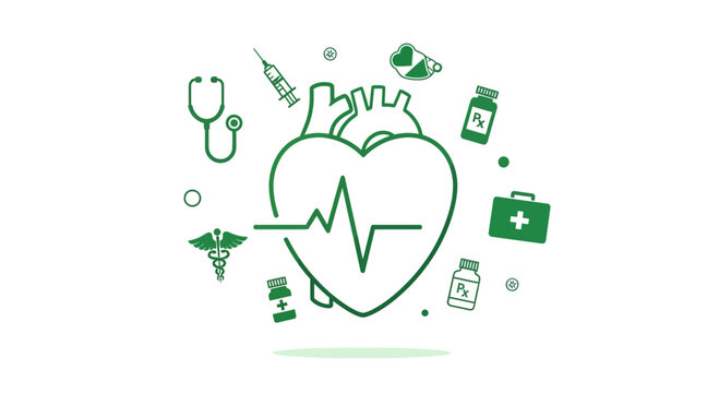 Medical Healthcare Symbolic Vectorial Illustration Featuring Heart and Other Healthcare Elements