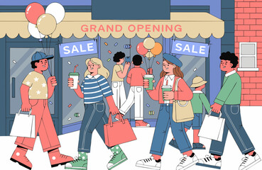 Obraz premium Happy customers entering a newly opened retail store with balloons and sale signs, showcasing a vibrant atmosphere during the grand opening event