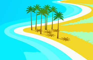 Obraz premium Premium retro inspired summer travel poster featuring tropical beach with palm trees, turquoise water, and sandy shoreline in a vibrant color palette