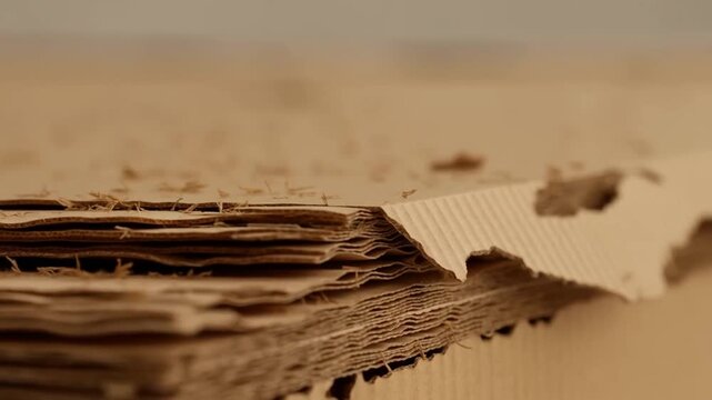 Closeup rack focus of torn corrugated cardboard layers revealing texture and fibers on tabletop surface in warm studio lighting