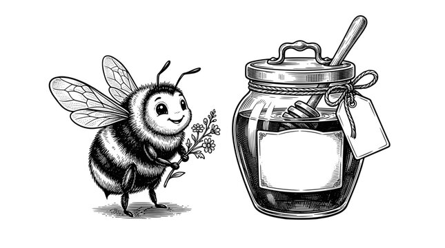  Hand drawn engraving style illustration of a cute smiling bee with flowers and a glass honey jar. Vintage line art with blank label and tag for packaging design