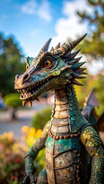 Detailed Sculpture of a Mythical Dragon with Intricate Scales and Horns.
