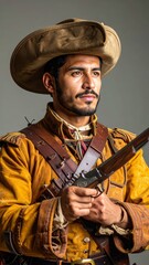 Fototapeta premium Portrait of a Hispanic Man in Historical Military Attire Holding a Rifle