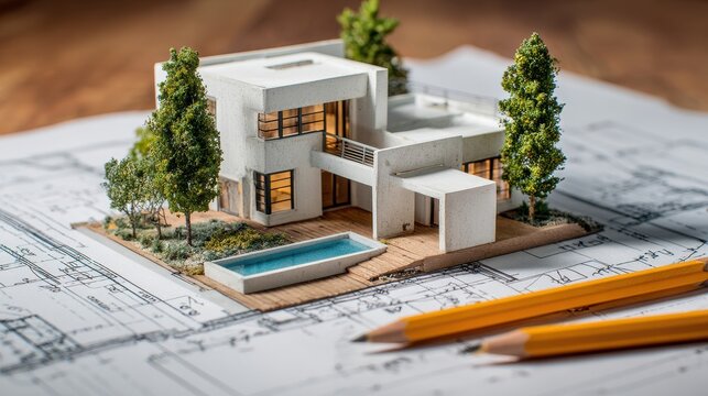 Architectural model of a modern luxury house with a swimming pool on blueprints