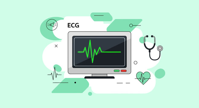 Medical Illustration: ECG Monitor, Stethoscope, And Heart Rate Icon Against a Green Backdrop