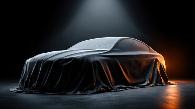A luxury car covered with a dark cloth under spotlight
