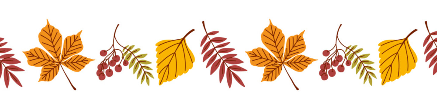 Seamless autumn decorative border with rowan, chestnut and birch leaves and berries, frame for decoration