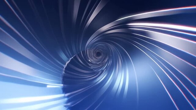 Tracking shot of metallic ribbons spiraling into vortex inside abstract tunnel with glossy blue and silver surfaces
