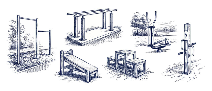 Outdoor fitness equipment sketch set for street workout park training featuring pull up bars, parallel bars, obstacle courses, and gym machines in hand drawn ink engraving style illustration.