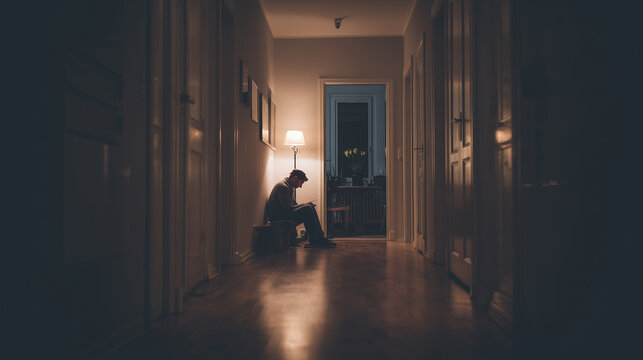 Quiet apartment hallway with a solitary figure sitting against the wall ,alone man sitting in empty room, alone lamp in the dark room, alone man, a man working in the evning in emp