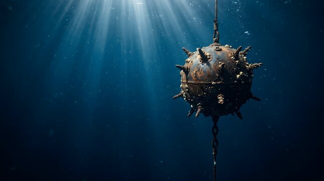Underwater naval mine floating in deep blue ocean water with light rays
