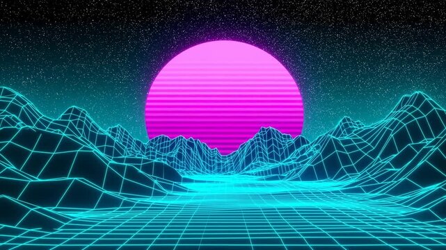 Tracking forward dolly shot of neon wireframe mountains approaching rising magenta sun over cyan grid landscape with starry retrofuturistic skyline