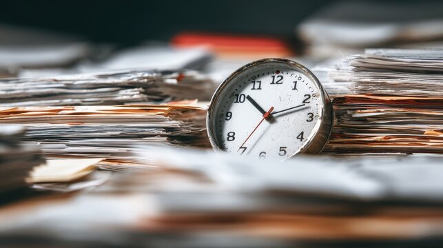 Old clock surrounded by stacks of paper documents