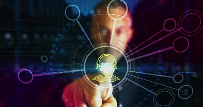 Gamer and video game player symbol digital abstract 3d concept. Finger touch screen. Cyber technology and network background. Man pushes computer display.