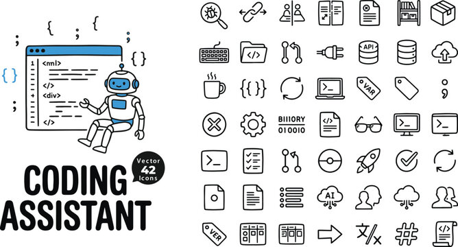Coding assistant, robot icons, programming symbols, web development graphics, 40 coding elements