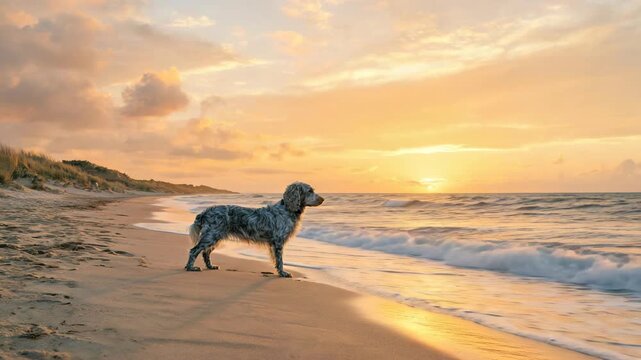 blue picardy spaniel at normandy beach france golden light video
