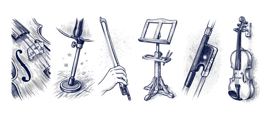 Violin drawing vintage sketch set of classical music instrument elements featuring wood music stand, cello bow details, hand engraved illustration for retro concert poster and orchestra decor concept. © Dinali